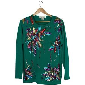 Victoria Harbour Embellished Sequin Long Sleeve Round Neck Sweater Green Women M